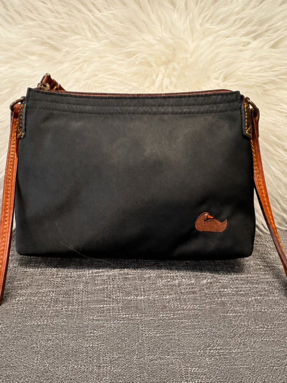 Dooney & Bourke Crossbody Pouchette Black Nylon Suede Leather Duck Logo Bag EUC